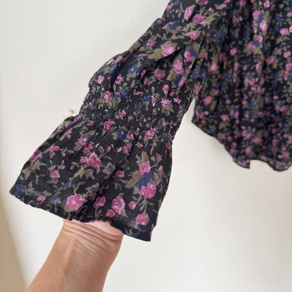 Free People Meant to Be Black Purple Floral Puff Sleeve Smocked Cotton Blouse S - Picture 12 of 15